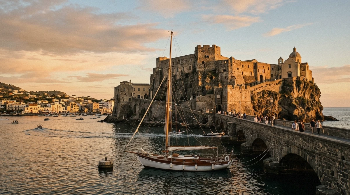 The Aragonese Castle of Ischia seen from the water at golden hour, a pass on the full-day boat tour from Naples, Campania, Italy