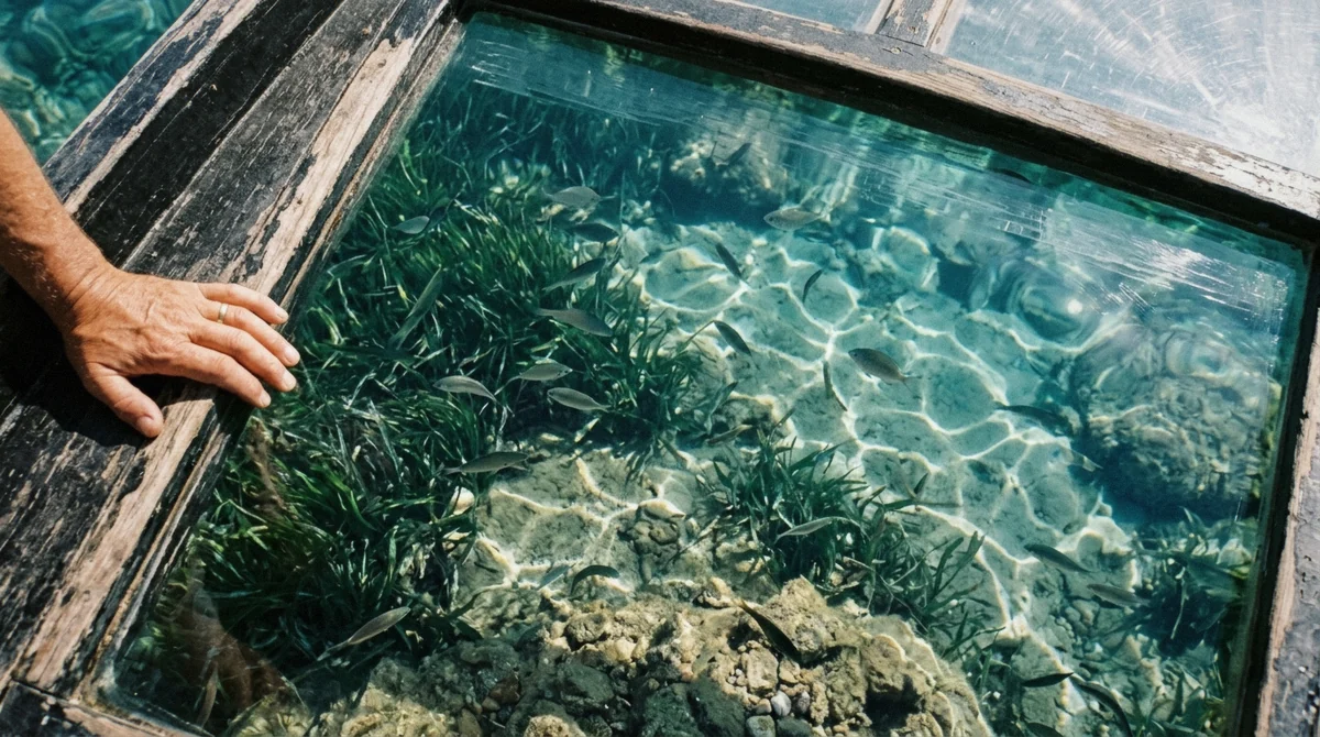Rocky seabed and green posidonia seen through the transparent hull of the Ischia clear boat to the Green Grotto, Campania, Italy