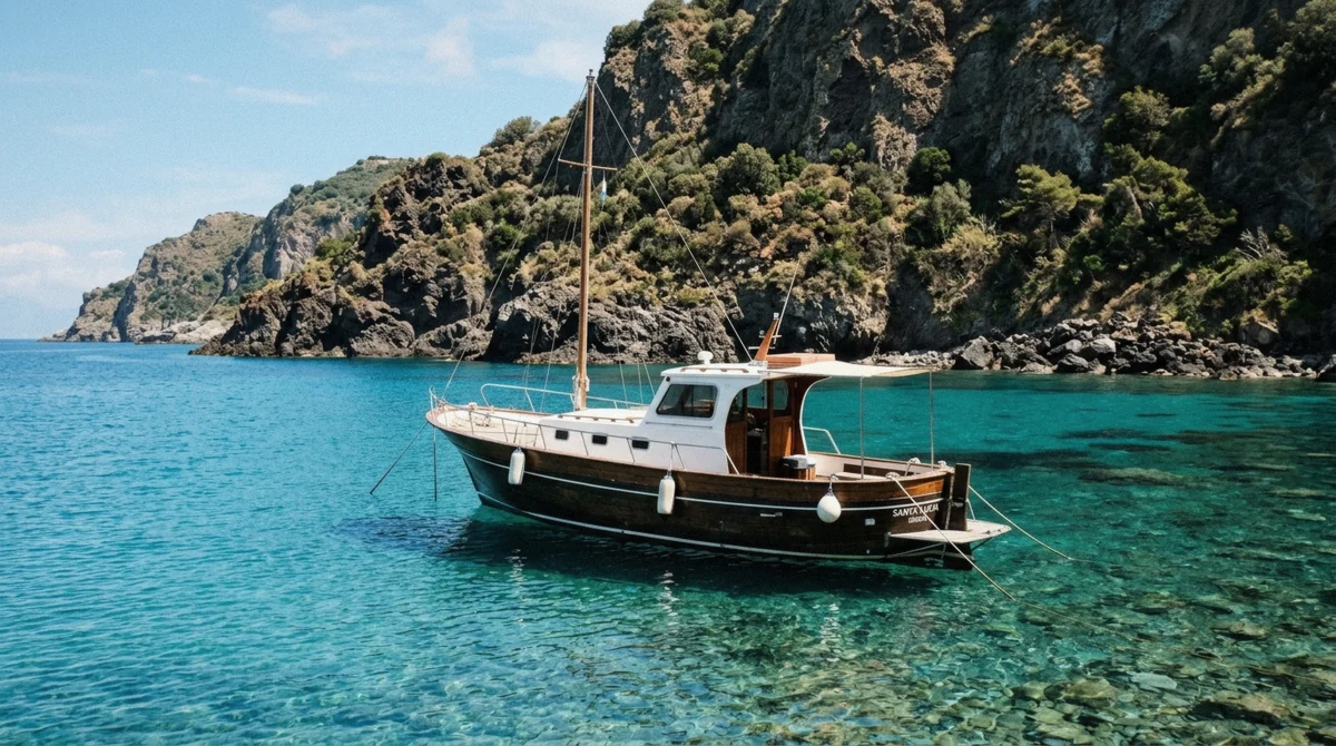 A wooden gozzo anchored in a turquoise bay below the volcanic cliffs of Ischia on a boat trip around the island, Campania, Italy