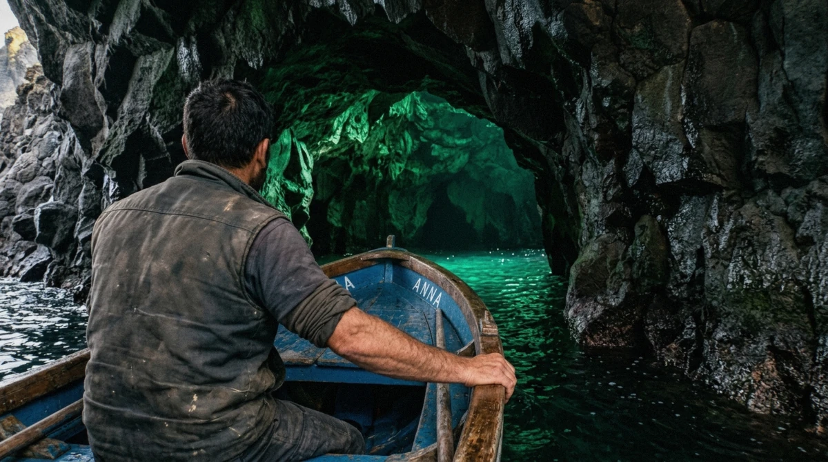 Emerald light inside a sea grotto on the Ischia coast, the swim point of the clear boat tour to the Green Grotto, Campania, Italy