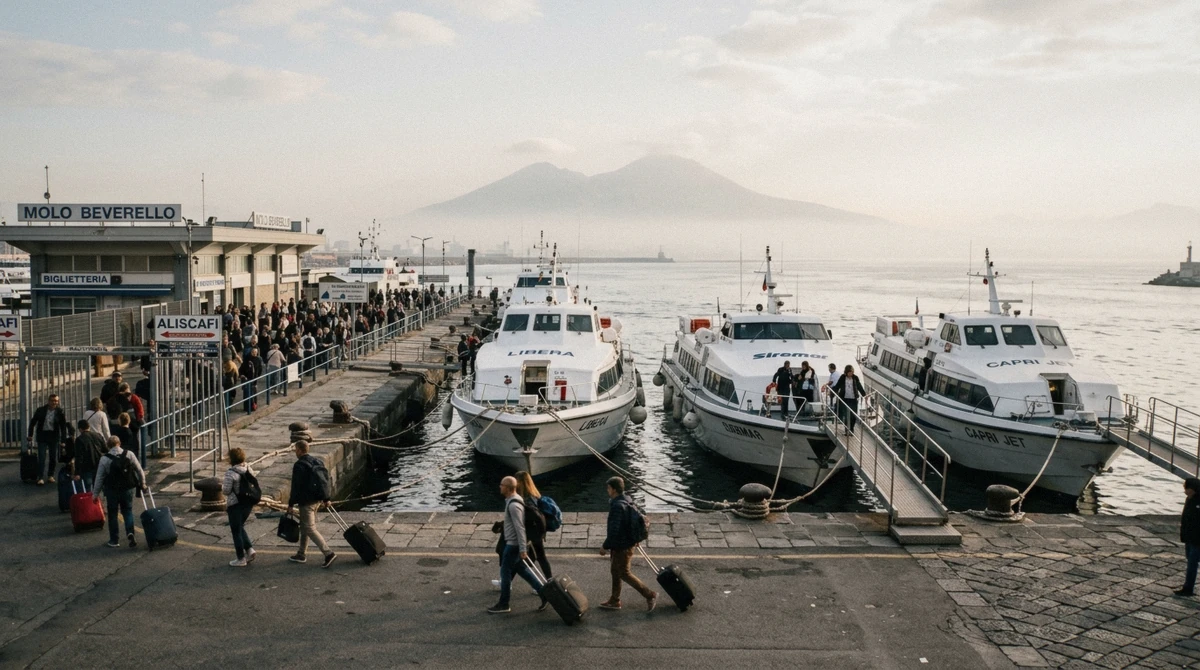 White hydrofoils at the Naples ferry piers for the crossing toward Ischia, Campania, Italy