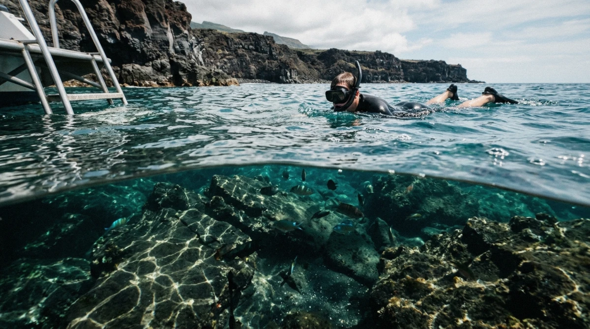 A snorkeler floating above the rocks off Ischia during a half day boat tour stop, Campania, Italy