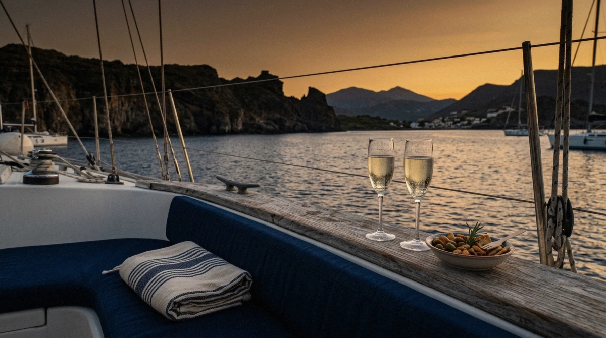 Prosecco glasses on the teak rail of a boat at anchor off Ischia at dusk, the private boat tour moment, Campania, Italy