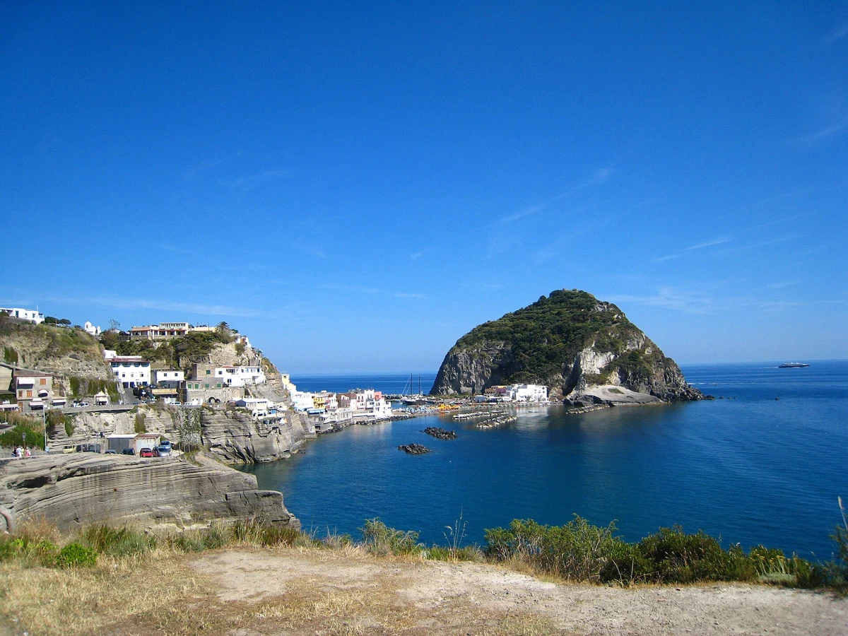 Sant'Angelo fishing village on its tidal islet, the stop of the three-hour boat tour of the island of Ischia, Campania, Italy